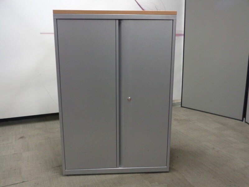 Metal Cupboard With Beech Top - Grey